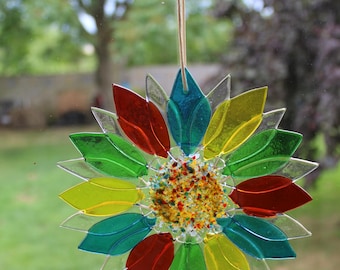 Fused Glass Flower Sun Catcher: Multicolored Wall Art