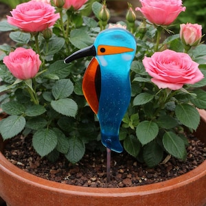 Fused Glass Kingfisher Garden Art - Handmade Copper Plant Pot Decoration / weatherproof image 1