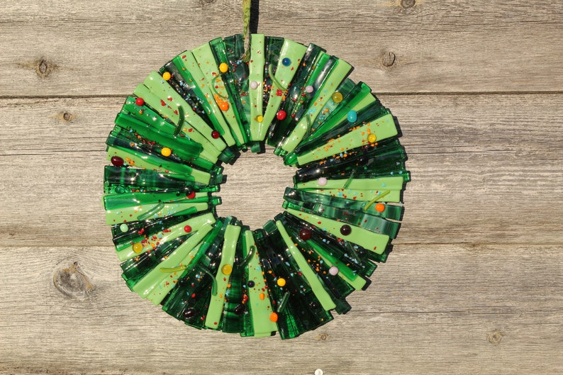 Wreath in fused glass. 27 cm x 27 cm colourful and festive or your choice for year round use. Handmade image 9