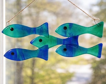 Set di pesci in vetro fuso: decorazione costiera blu/verde
