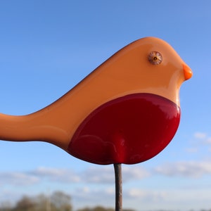 Robin/blackbird/ bluetit  birds in glass on a copper rod  for indoors,  the garden, plant pots & pond gift.  made to order