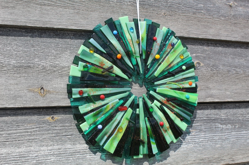 Wreath in fused glass. 27 cm x 27 cm colourful and festive or your choice for year round use. Handmade image 7