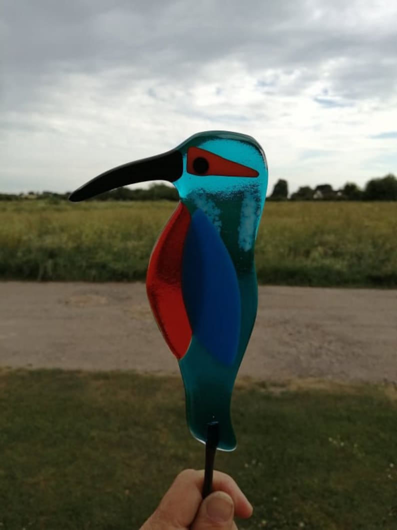Fused Glass Kingfisher Garden Art - Handmade Copper Plant Pot Decoration / weatherproof image 7