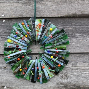 Wreath in fused glass. 27 cm x 27 cm colourful and festive or your choice for year round use. Handmade A= Christmas