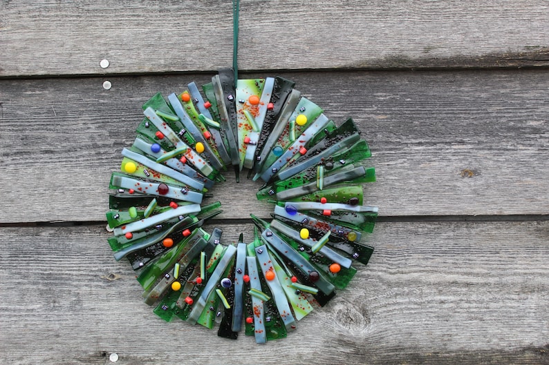 Wreath in fused glass. 27 cm x 27 cm colourful and festive or your choice for year round use. Handmade A= Christmas