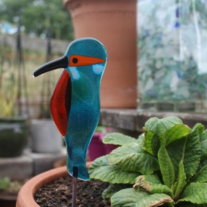 Fused Glass Kingfisher Garden Art - Handmade Copper Plant Pot Decoration / weatherproof trans wing