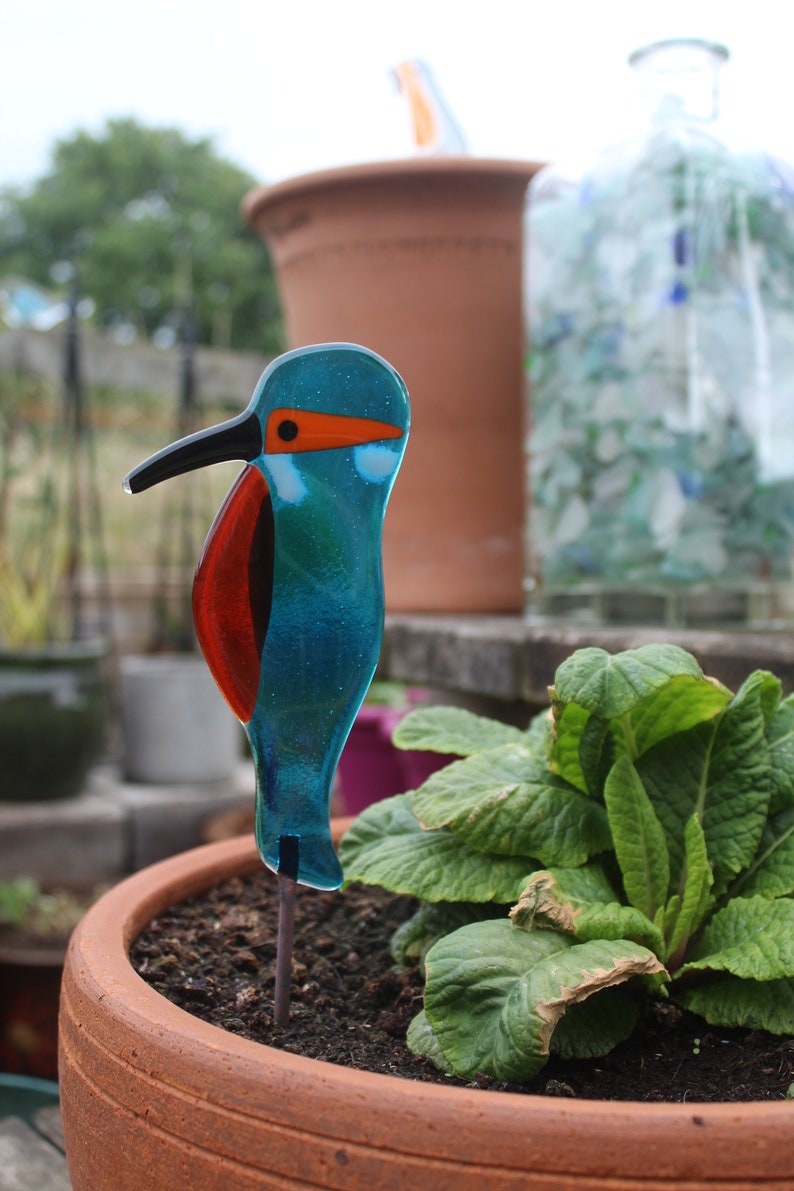 Fused Glass Kingfisher Garden Art - Handmade Copper Plant Pot Decoration / weatherproof trans wing