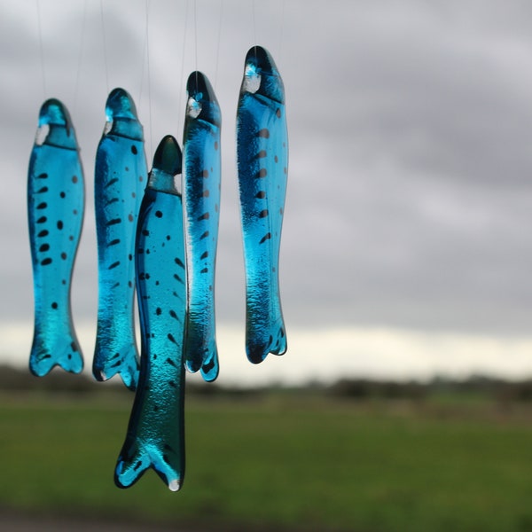 fish wind chimes hanging from driftwood. Fishes made in fused glass and make a lovely wind chime.