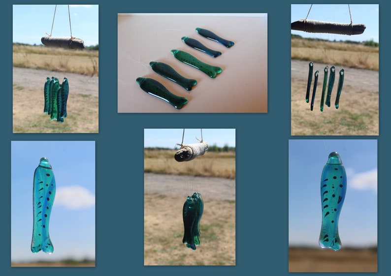 fish wind chimes hanging from driftwood. Fishes made in fused glass and make a lovely wind chime. Bild 8