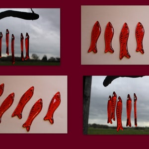fish wind chimes hanging from driftwood. Fishes made in fused glass and make a lovely wind chime. image 9