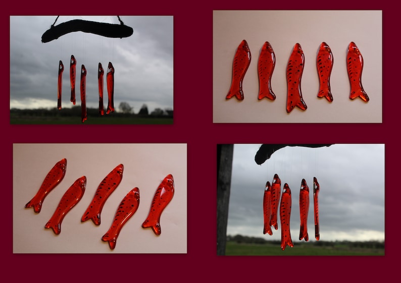 fish wind chimes hanging from driftwood. Fishes made in fused glass and make a lovely wind chime. image 9