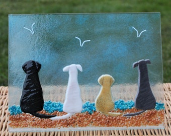 Personalised dog beach scene  'your dog'  made in fused glass freestanding or hanging lovely gift Made to order.