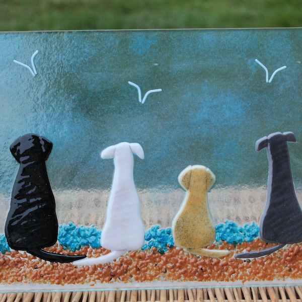 Personalised dog beach scene  'your dog'  made in fused glass freestanding or hanging lovely gift Made to order.