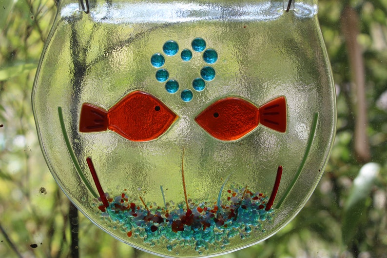 a pair of kissing fish and a large bowl of 4 fish lovely gift MADE TO ORDER fish in a bowl made in fused glass for hanging suncatcher
