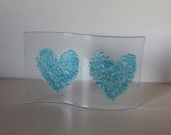 Heart sun catcher in fused glass. Blue hearts, pink hearts, blue and pink hearts. Ideal newborn / Christening gift