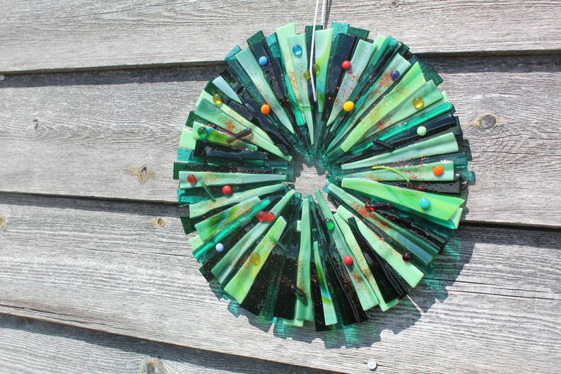 Wreath in fused glass. 27 cm x 27 cm colourful and festive or your choice for year round use. Handmade image 6