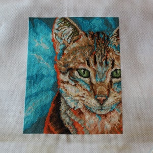 Peut inclure: Broderie au point de croix représentant le visage d'un chat avec des yeux verts, un pelage brun et orange et un fond bleu.