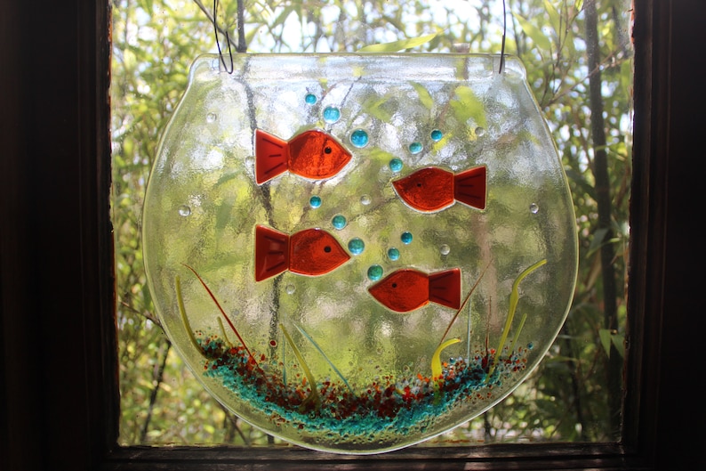 a pair of kissing fish and a large bowl of 4 fish lovely gift MADE TO ORDER fish in a bowl made in fused glass for hanging suncatcher