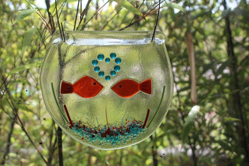 a pair of kissing fish and a large bowl of 4 fish lovely gift MADE TO ORDER fish in a bowl made in fused glass for hanging suncatcher