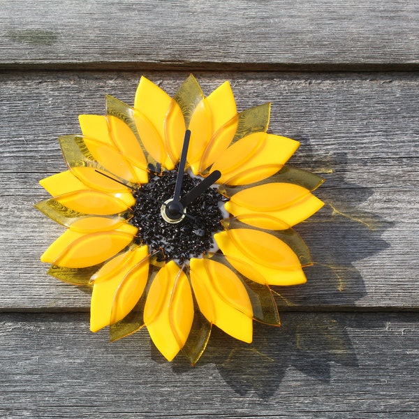 sunflower wall clock in fused glass