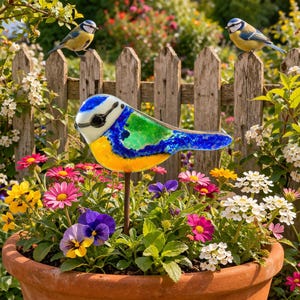 以下が含まれることがあります： 青、緑、黄色の色合いのカラフルなガラス製の鳥のガーデンステーク。鮮やかな花でいっぱいのテラコッタの鉢に配置されています。2羽の本物の鳥が背景の木製のフェンスにとまり、魅力的な庭のシーンを作り出しています。