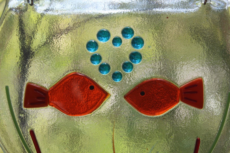a pair of kissing fish and a large bowl of 4 fish lovely gift MADE TO ORDER fish in a bowl made in fused glass for hanging suncatcher