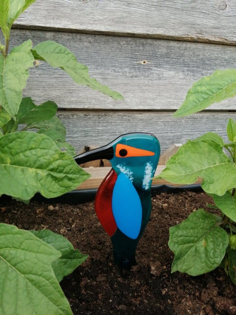 Fused Glass Kingfisher Garden Art - Handmade Copper Plant Pot Decoration / weatherproof image 11