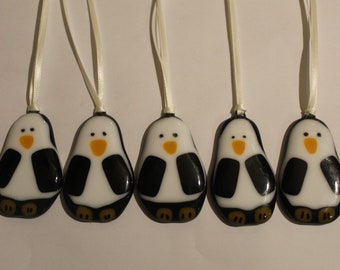 Penguin Christmas tree decoration pk of 5 Also fridge magnet in fused glass. Made to order.