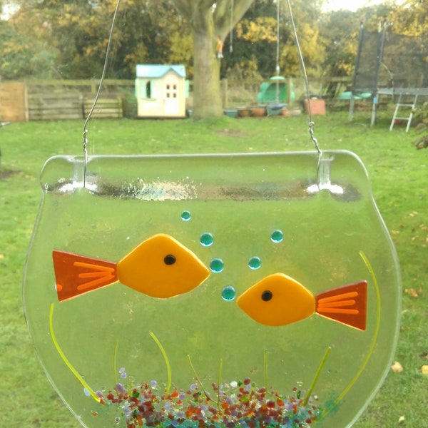 Goldfish in a bowl made in fused glass for hanging (suncatcher) yellow, red, blue, red or your choice. lovely gift MADE TO ORDER