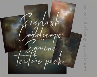 May include: A set of five digital backgrounds featuring English landscape scenes with a soft, painterly style. The backgrounds are perfect for use in digital art, photography, and graphic design. The text "English Landscape Equine Texture Pack" is written in white cursive on the images.