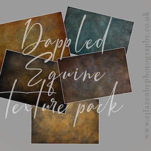 May include: A set of four digital backgrounds featuring textured, mottled, and dappled patterns in shades of brown, blue, and green. The text "Dappled Equine Texture Pack" is superimposed on the images.