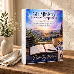 May include: A white three-ring binder titled GH Ministry Prayer Companion: A Devotion and Prayer Journal through the Torah by Pastor Troy Nichols. The cover features a sunset landscape, a stack of books, an open journal, and a mug with text.