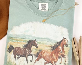 Camiseta de caballos corriendo / Camiseta escénica ecuestre vintage Camiseta vintage de rodeo con caballos del oeste
