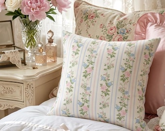 Decorative Floral Pillow Throw Pink Blue Shabby Chic Cottagecore Coquette Victorian Flower Botanical Pillow Baby Nursery Square Pillow