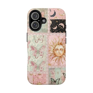Celestial Boho Sun iPhone 16 Case Butterfly Retro Vintage Lace Collage Trendy Aesthetic Pink Hard Case