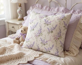 Lavender Delicate Floral Pillow Shabby Chic Floral Decorative Nursery Pillow Throw Accent | Cottagecore Farmhouse | Violet Lilac Flowers
