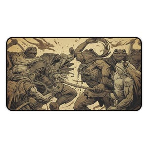 May include: A rectangular mousepad featuring a sepia-toned illustration of anthropomorphic frogs engaged in combat with a reptilian creature. The artwork has a fantasy theme, with detailed character designs and dynamic action poses.