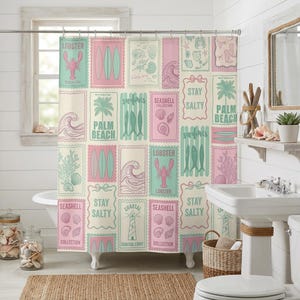 May include: A beach-themed shower curtain with a grid pattern. The design includes rectangular blocks with illustrations of lobsters, surfboards, waves, and seashells in pink and teal on a cream backdrop. Text includes "Stay Salty" and "Palm Beach".