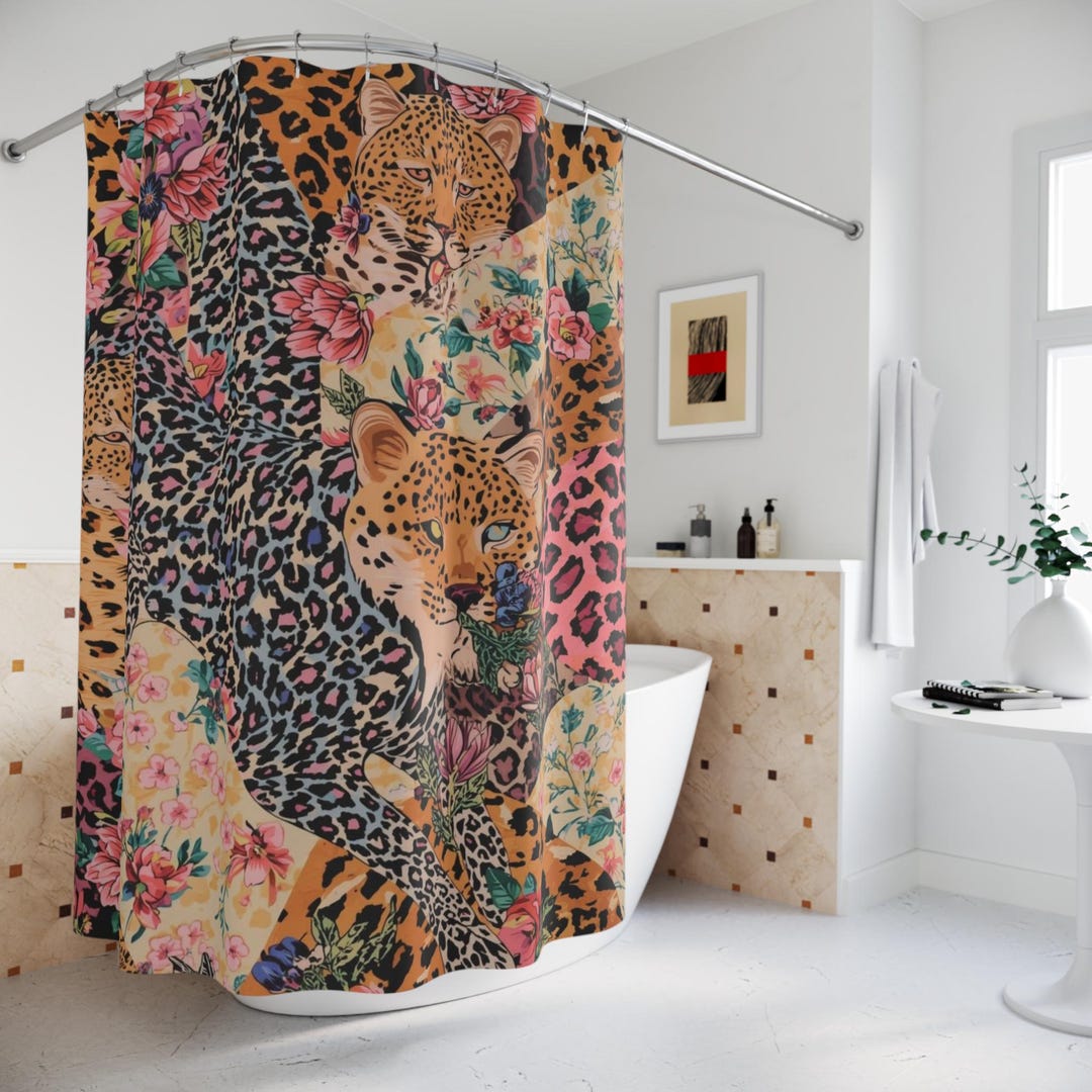 Vintage Leopard Floral Shower Curtain | Animal Print Bathroom Decor - Etsy