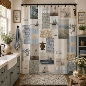 May include: A shower curtain featuring a collage of nautical and botanical illustrations in blue and white tones. The design includes sailboats, sea turtles, fish, birds, a lighthouse, and floral patterns, with the text "the art of slow living."