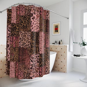 Rideau de douche en patchwork léopard rose et marron | Décoration de salle de bain à imprimé animal