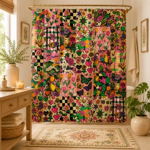 May include: A shower curtain featuring a vibrant patchwork design with various colourful patterns including flowers, butterflies, hearts, checkered squares, cacti, lemons, and waves in shades of pink, green, yellow, orange, and black.