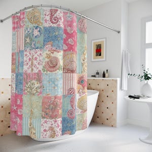 Seashell Patchwork Shower Curtain | Coastal Nautical Bathroom Decor