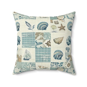 Blue Sea Beach Coastal Nautical Pillow, Beach Decor, Sea Life Cushion, Home Accent, Ocean Theme Gift