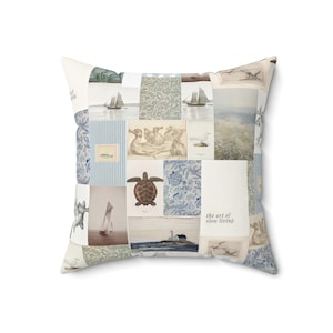 Kustcollage kussengesponnen polyester vierkant kussen | Nautisch patchwork, schildpad, zeilboot