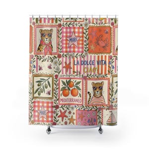 May include: A shower curtain with a repeating pattern of framed illustrations. The illustrations include a leopard wearing sunglasses, starfish, oranges, and the text "MARE", "LA DOLCE VITA CIAC!", and "MEDITERRANEO". The color palette includes pink, orange, and cream.
