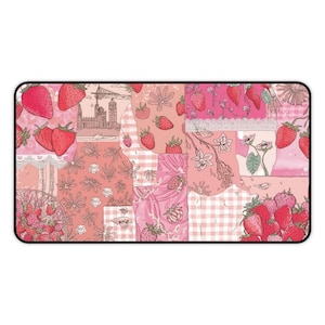 Strawberry Patch Patchwork Desk Mat | Pink Floral Plaid Mouse Pad