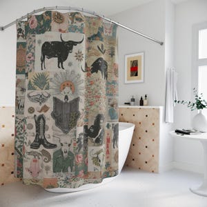 Cortina de ducha estilo western vintage con retazos / Botas con calaveras de vaca del suroeste