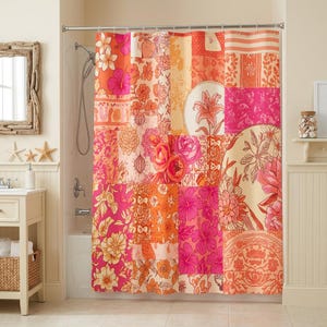 Vibrant Floral Patchwork Shower Curtain - Boho Tropical Hibiscus & Rose Design - Maximalist Bathroom Decor - Summer Aesthetic Bath Accessory