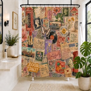 Boho Vintage Collage Shower Curtain | Retro Stamps Records Frog Mushroom